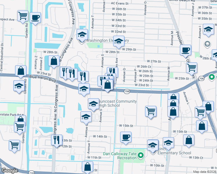 map of restaurants, bars, coffee shops, grocery stores, and more near in Riviera Beach