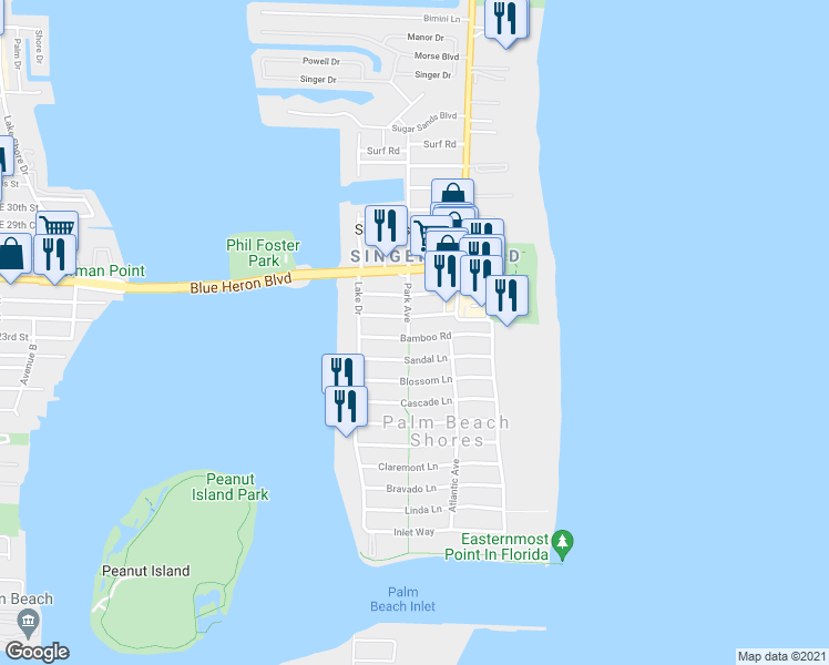 map of restaurants, bars, coffee shops, grocery stores, and more near 247 Edwards Lane in West Palm Beach