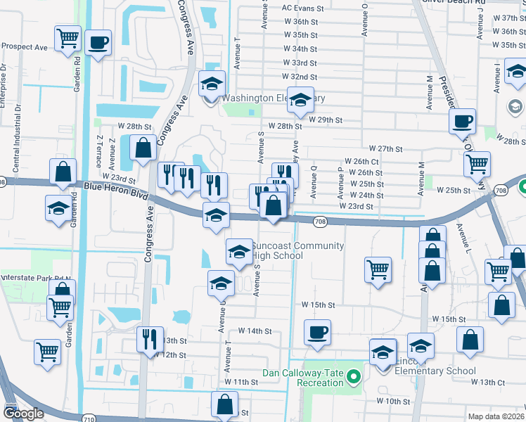 map of restaurants, bars, coffee shops, grocery stores, and more near in Riviera Beach