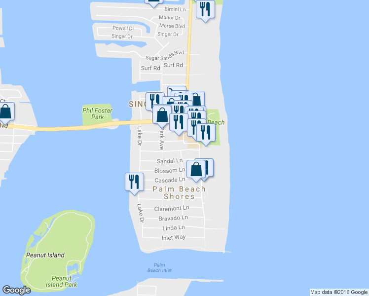 map of restaurants, bars, coffee shops, grocery stores, and more near 201 Sandal Lane in West Palm Beach