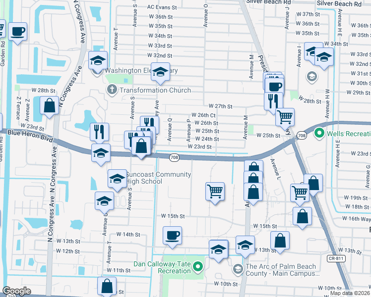 map of restaurants, bars, coffee shops, grocery stores, and more near in Riviera Beach