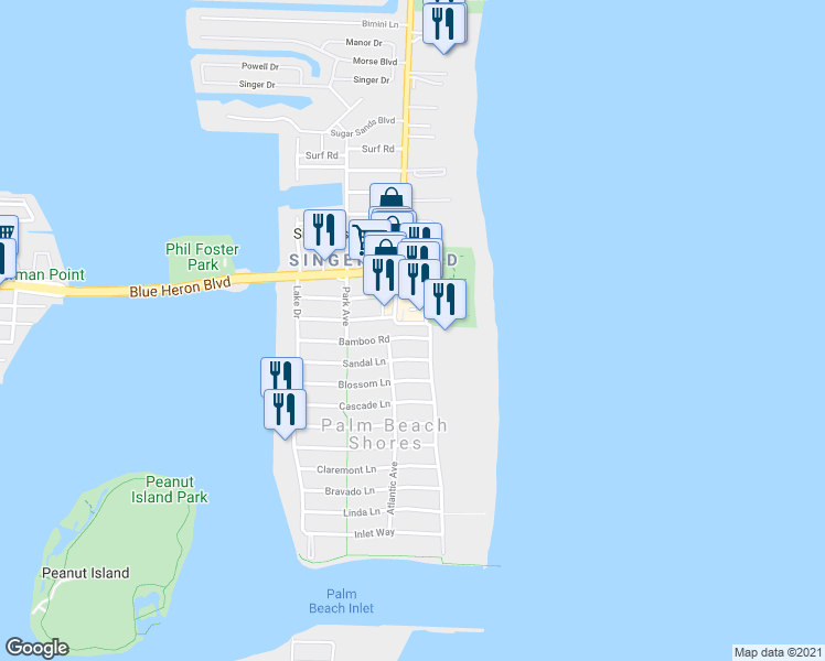 map of restaurants, bars, coffee shops, grocery stores, and more near 101 Sandal Lane in West Palm Beach