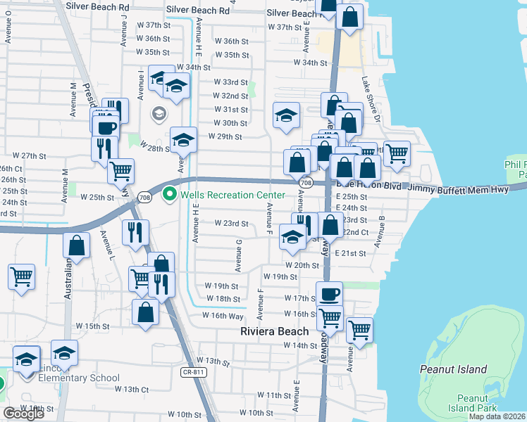 map of restaurants, bars, coffee shops, grocery stores, and more near 247 West 25th Street in West Palm Beach