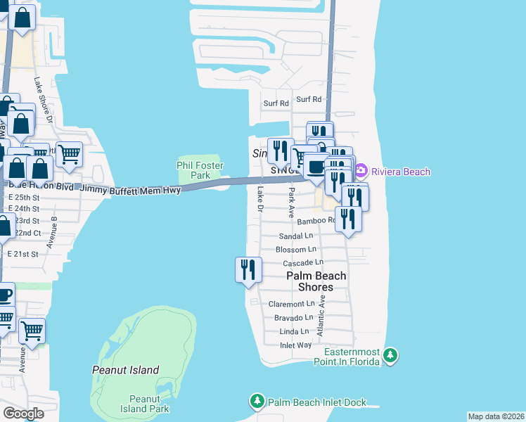 map of restaurants, bars, coffee shops, grocery stores, and more near 1113 Island Road in Riviera Beach
