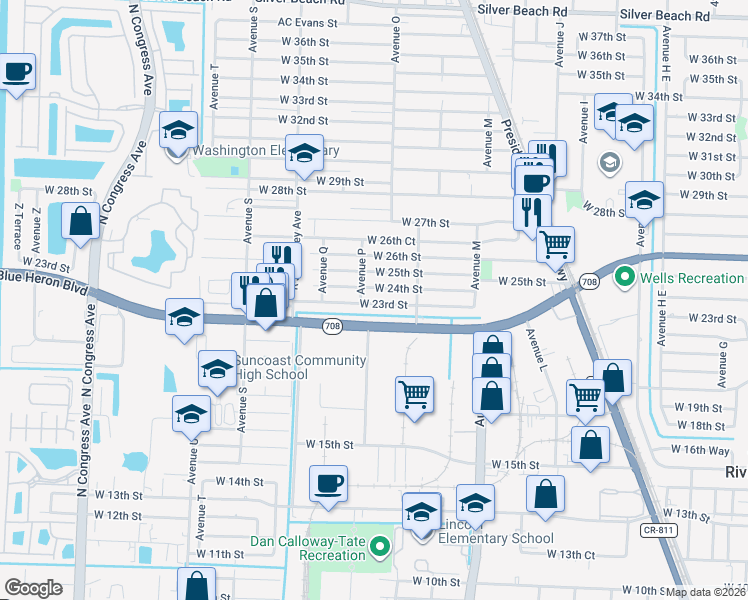 map of restaurants, bars, coffee shops, grocery stores, and more near 1230 West 24th Street in Riviera Beach