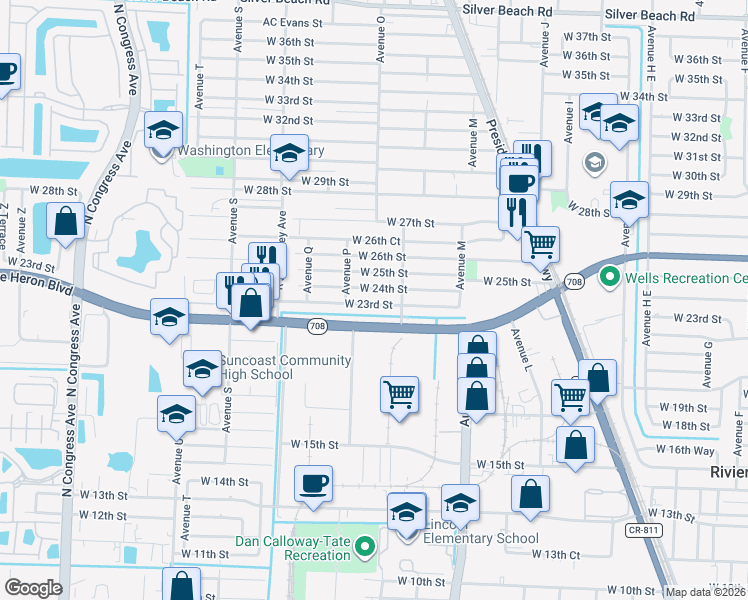 map of restaurants, bars, coffee shops, grocery stores, and more near 1230 West 24th Street in Riviera Beach
