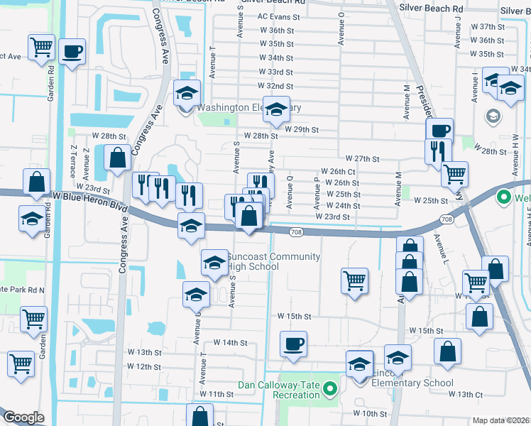 map of restaurants, bars, coffee shops, grocery stores, and more near 1525 Evergreen Court in Riviera Beach