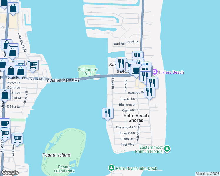 map of restaurants, bars, coffee shops, grocery stores, and more near 2425 Lake Drive in Riviera Beach