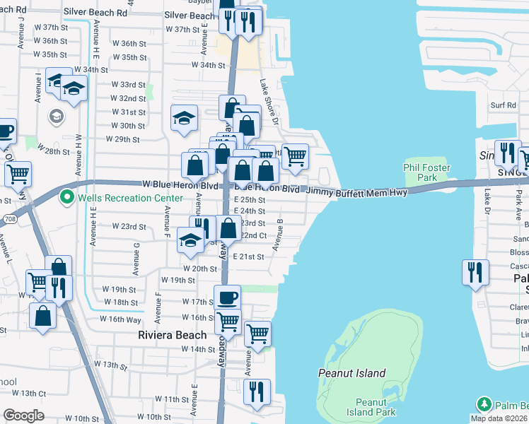 map of restaurants, bars, coffee shops, grocery stores, and more near 181 East 25th Street in West Palm Beach