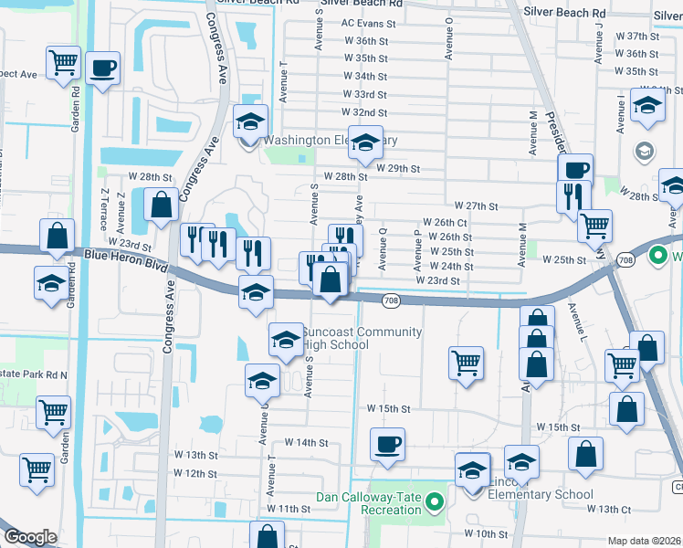 map of restaurants, bars, coffee shops, grocery stores, and more near 1525 Evergreen Court in Riviera Beach