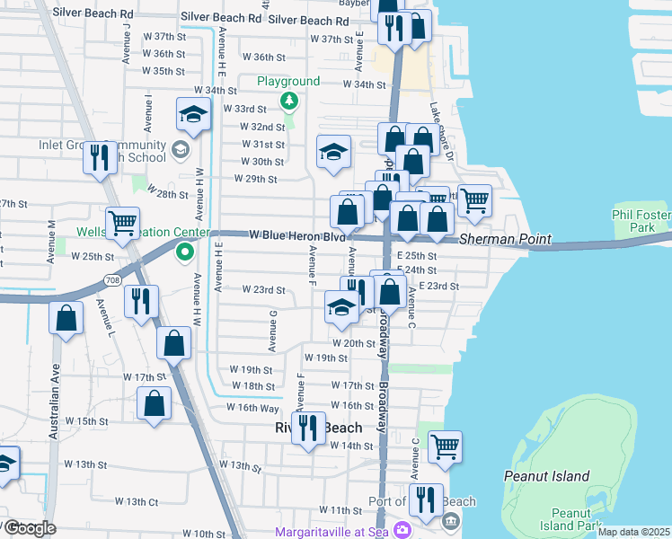 map of restaurants, bars, coffee shops, grocery stores, and more near 175 West 25th Street in West Palm Beach