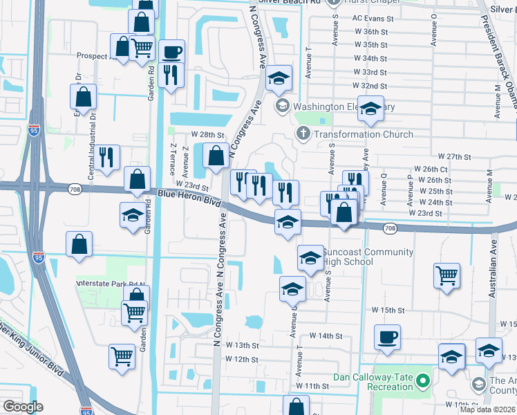 map of restaurants, bars, coffee shops, grocery stores, and more near 706 Wedgewood Plaza Drive in Riviera Beach