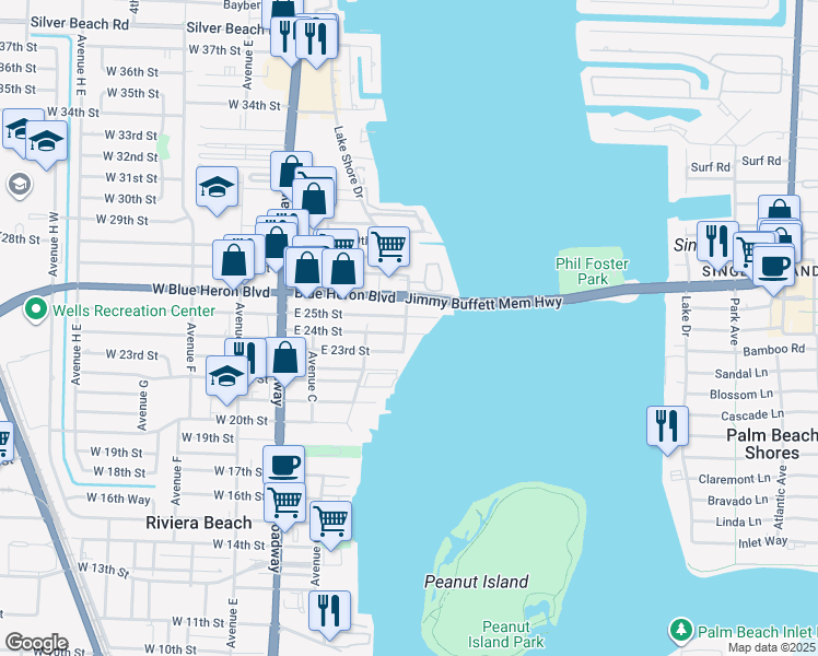 map of restaurants, bars, coffee shops, grocery stores, and more near 245 East 25th Street in West Palm Beach
