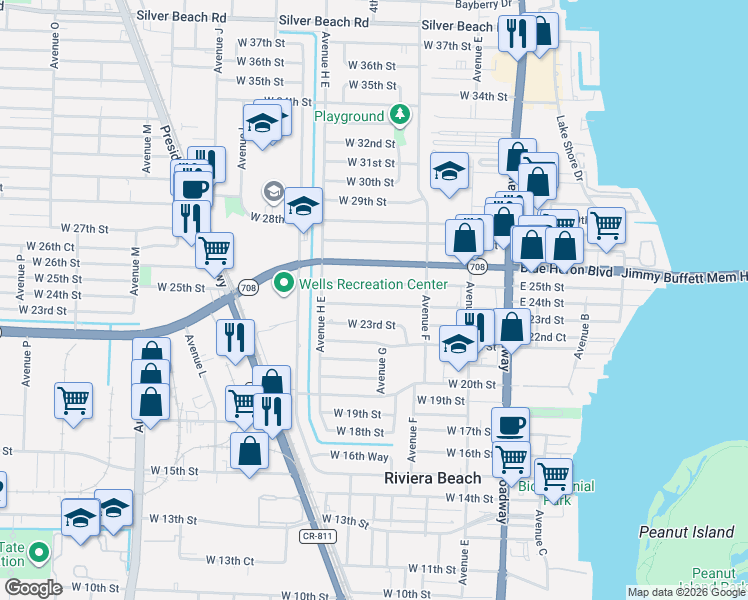 map of restaurants, bars, coffee shops, grocery stores, and more near 348 West 24th Street in West Palm Beach