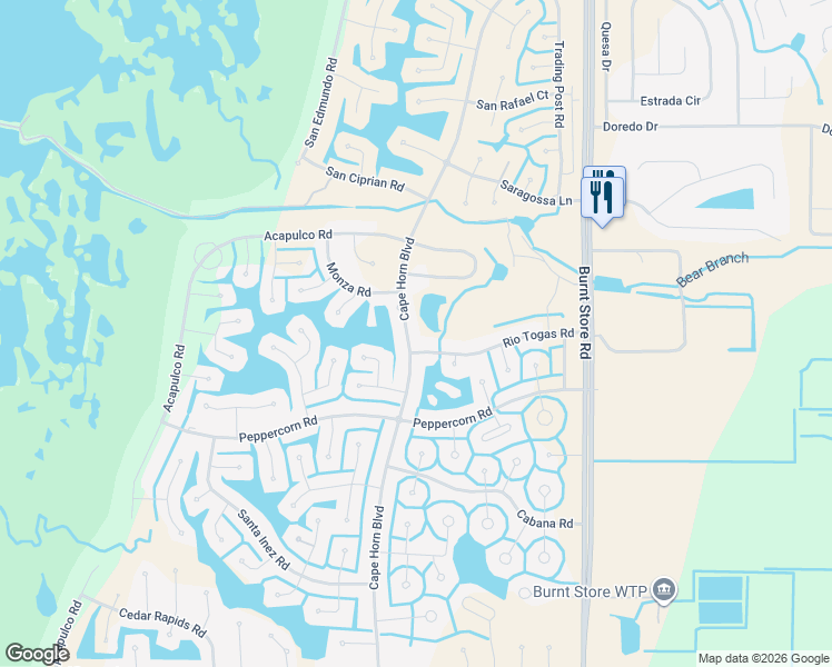 map of restaurants, bars, coffee shops, grocery stores, and more near 17112 Cape Horn Boulevard in Punta Gorda