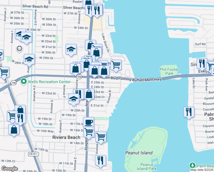 map of restaurants, bars, coffee shops, grocery stores, and more near 181 East 25th Street in West Palm Beach