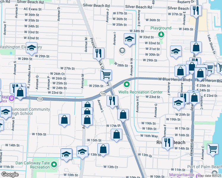 map of restaurants, bars, coffee shops, grocery stores, and more near W Blue Heron Blvd & Old Dixie Hwy in Riviera Beach