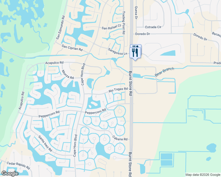 map of restaurants, bars, coffee shops, grocery stores, and more near 24446 Rio Togas Road in Punta Gorda