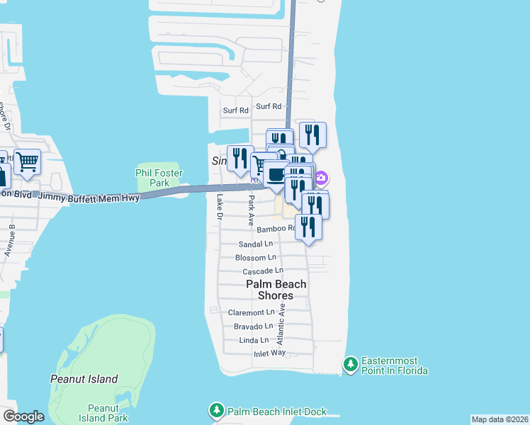map of restaurants, bars, coffee shops, grocery stores, and more near 1236 Beach Road in Riviera Beach