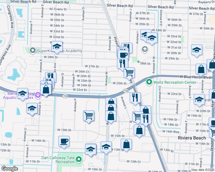 map of restaurants, bars, coffee shops, grocery stores, and more near 2340 Avenue M in West Palm Beach