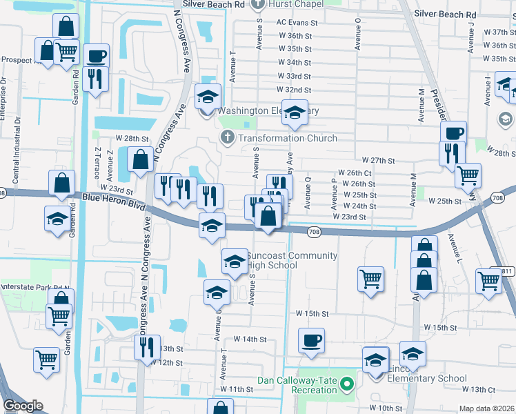 map of restaurants, bars, coffee shops, grocery stores, and more near 1568 West 24th Court in Riviera Beach