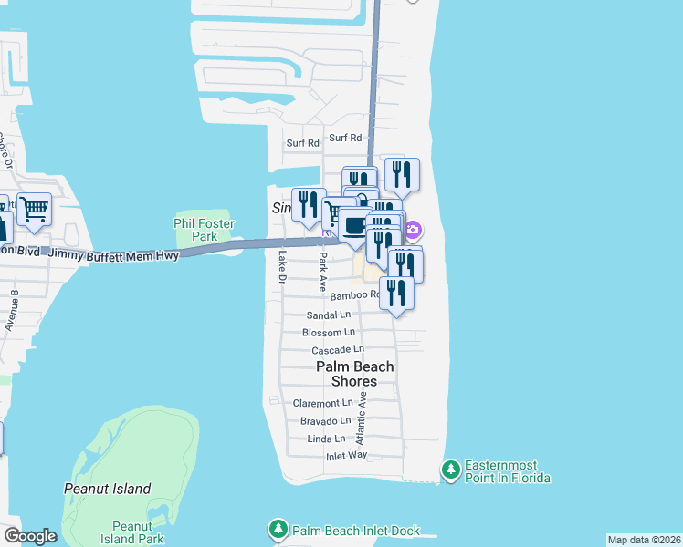 map of restaurants, bars, coffee shops, grocery stores, and more near 1236 Beach Road in Riviera Beach
