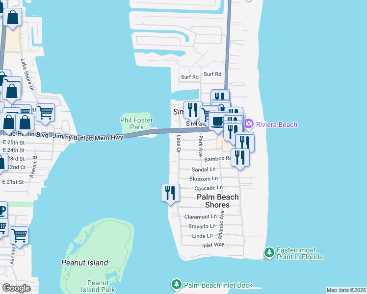 map of restaurants, bars, coffee shops, grocery stores, and more near 1113 Island Road in Riviera Beach