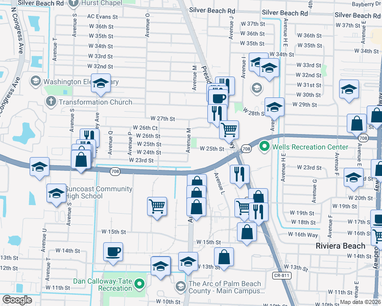 map of restaurants, bars, coffee shops, grocery stores, and more near 1071 West 25th Street in West Palm Beach