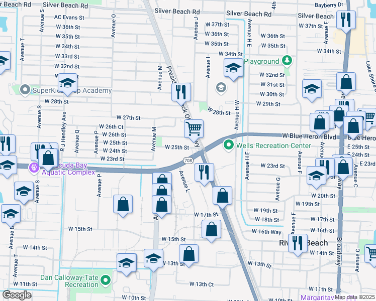 map of restaurants, bars, coffee shops, grocery stores, and more near 1035 West 25th Street in West Palm Beach