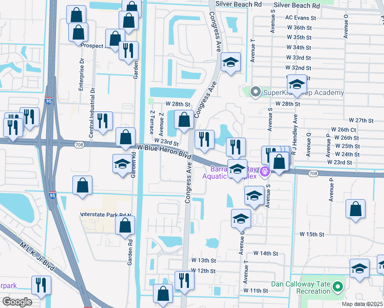 map of restaurants, bars, coffee shops, grocery stores, and more near 1904 West Blue Heron Boulevard in Riviera Beach
