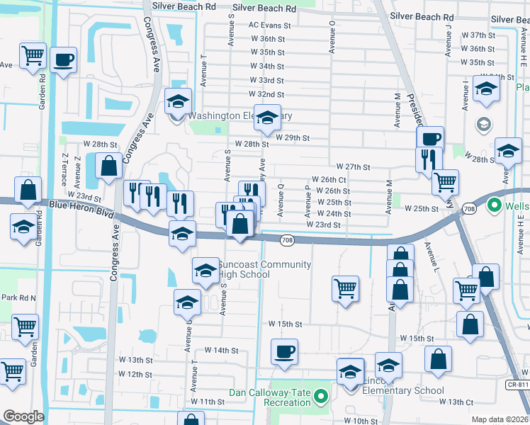 map of restaurants, bars, coffee shops, grocery stores, and more near 1525 Evergreen Court in Riviera Beach