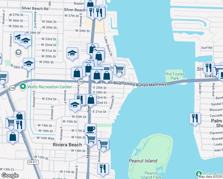 map of restaurants, bars, coffee shops, grocery stores, and more near 189 East 25th Street in West Palm Beach