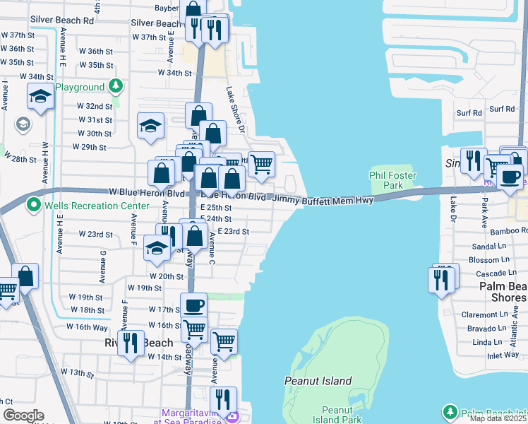 map of restaurants, bars, coffee shops, grocery stores, and more near 245 East 25th Street in West Palm Beach