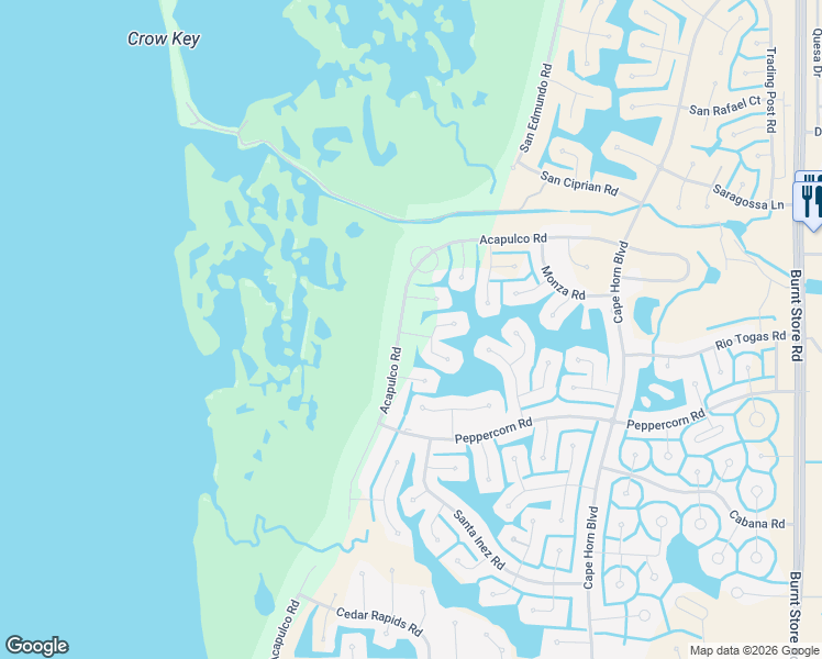 map of restaurants, bars, coffee shops, grocery stores, and more near 17094 Acapulco Road in Punta Gorda