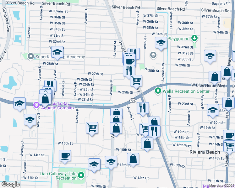 map of restaurants, bars, coffee shops, grocery stores, and more near 1071 West 25th Street in West Palm Beach