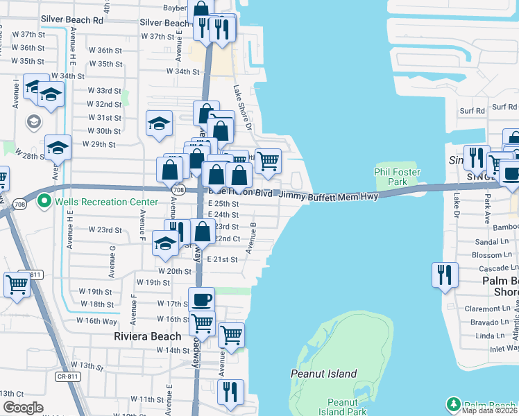 map of restaurants, bars, coffee shops, grocery stores, and more near 245 East 25th Street in West Palm Beach