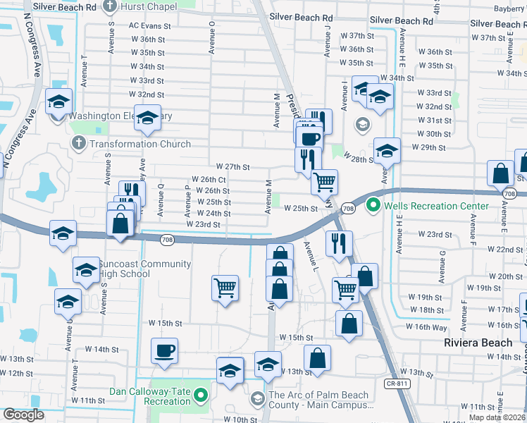 map of restaurants, bars, coffee shops, grocery stores, and more near 1116 West 24th Street in West Palm Beach