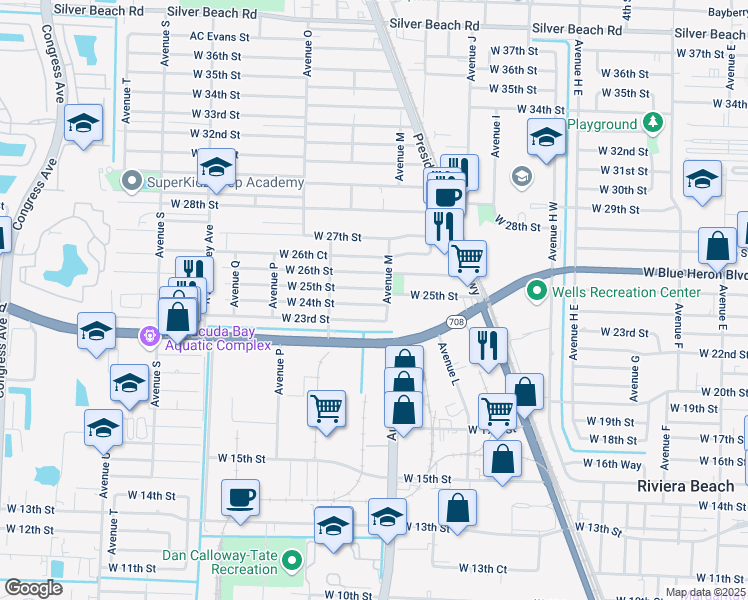 map of restaurants, bars, coffee shops, grocery stores, and more near 1116 West 24th Street in West Palm Beach