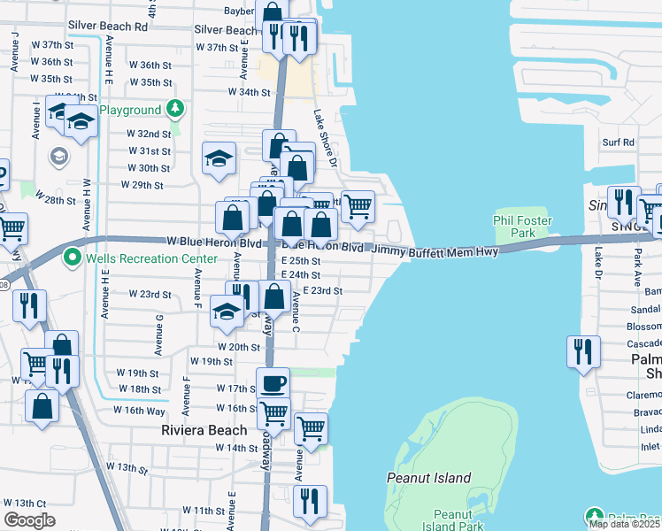 map of restaurants, bars, coffee shops, grocery stores, and more near 181 East 25th Street in West Palm Beach