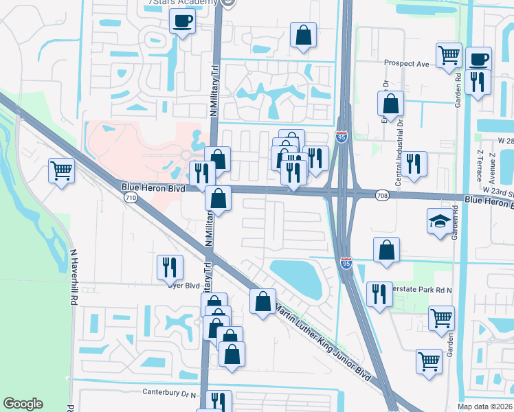 map of restaurants, bars, coffee shops, grocery stores, and more near 4317 71st Road North in Riviera Beach