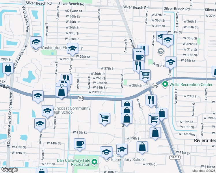 map of restaurants, bars, coffee shops, grocery stores, and more near 1150 West 24th Street in West Palm Beach