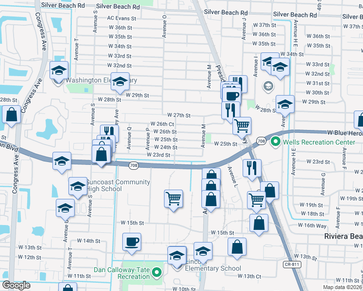 map of restaurants, bars, coffee shops, grocery stores, and more near 1146 West 24th Street in West Palm Beach