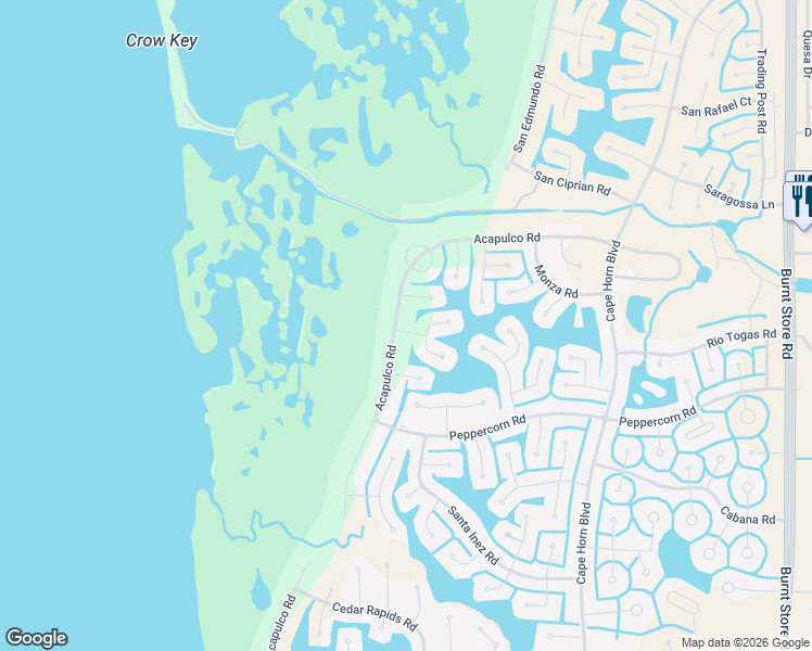 map of restaurants, bars, coffee shops, grocery stores, and more near 17094 Acapulco Road in Punta Gorda