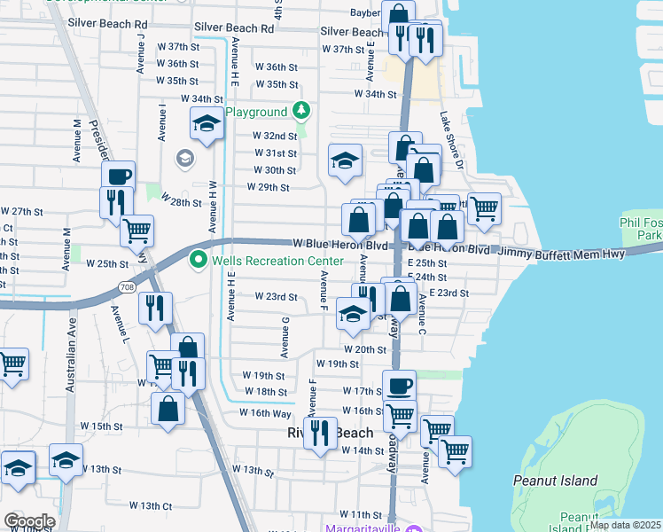 map of restaurants, bars, coffee shops, grocery stores, and more near 175 West 25th Street in West Palm Beach