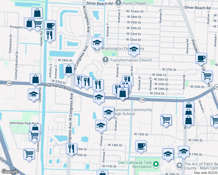 map of restaurants, bars, coffee shops, grocery stores, and more near 1655 West 25th Court in Riviera Beach