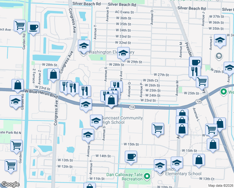 map of restaurants, bars, coffee shops, grocery stores, and more near 1525 Evergreen Court in Riviera Beach