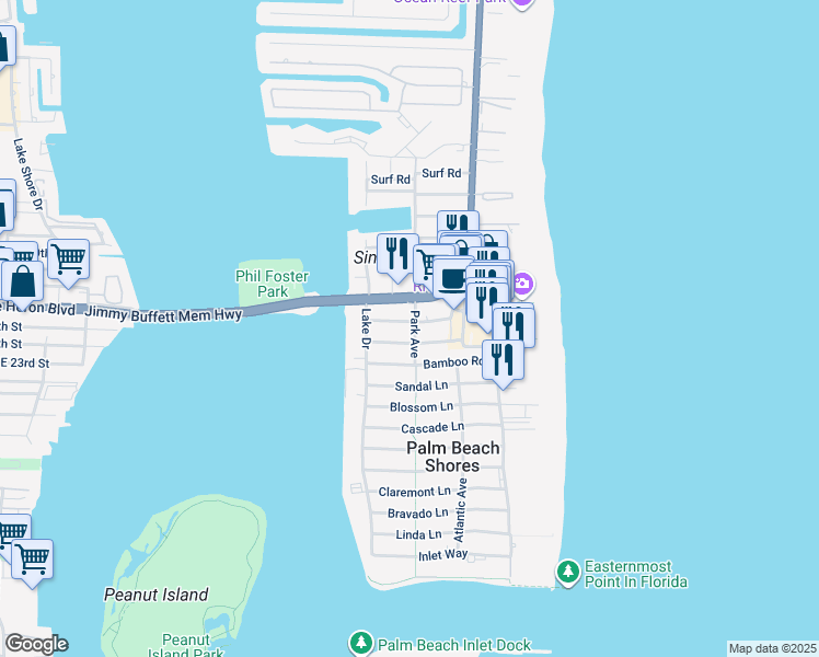 map of restaurants, bars, coffee shops, grocery stores, and more near 2435 Park Avenue in West Palm Beach