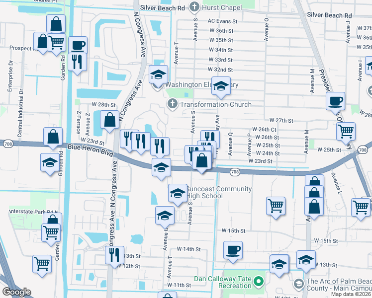 map of restaurants, bars, coffee shops, grocery stores, and more near 1655 West 25th Court in Riviera Beach