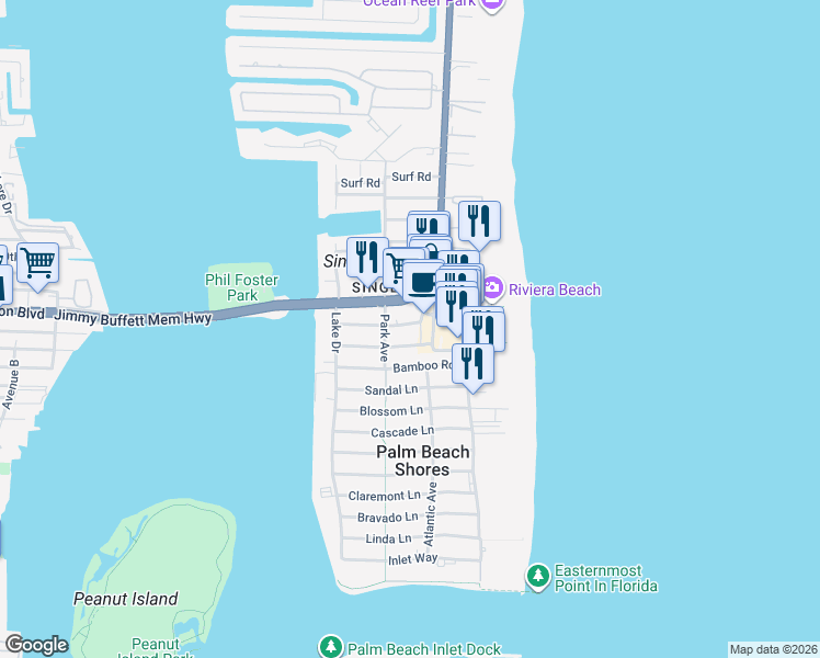 map of restaurants, bars, coffee shops, grocery stores, and more near 2413 Beach Court in West Palm Beach