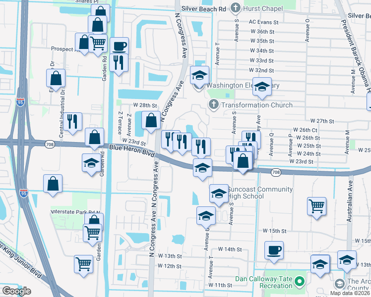 map of restaurants, bars, coffee shops, grocery stores, and more near 706 Wedgewood Plaza Drive in Riviera Beach